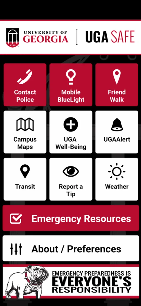 Screenshot of the home screen of the UGA Stay Safe App